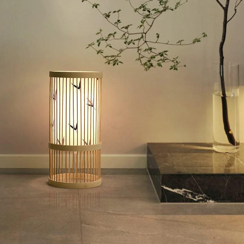 

Japanese Wooden Floor Lamp Retro Bedroom Study Restaurant Lighting Decoration Table Lamps Handmade Bamboo Weaving Cloth Lamp