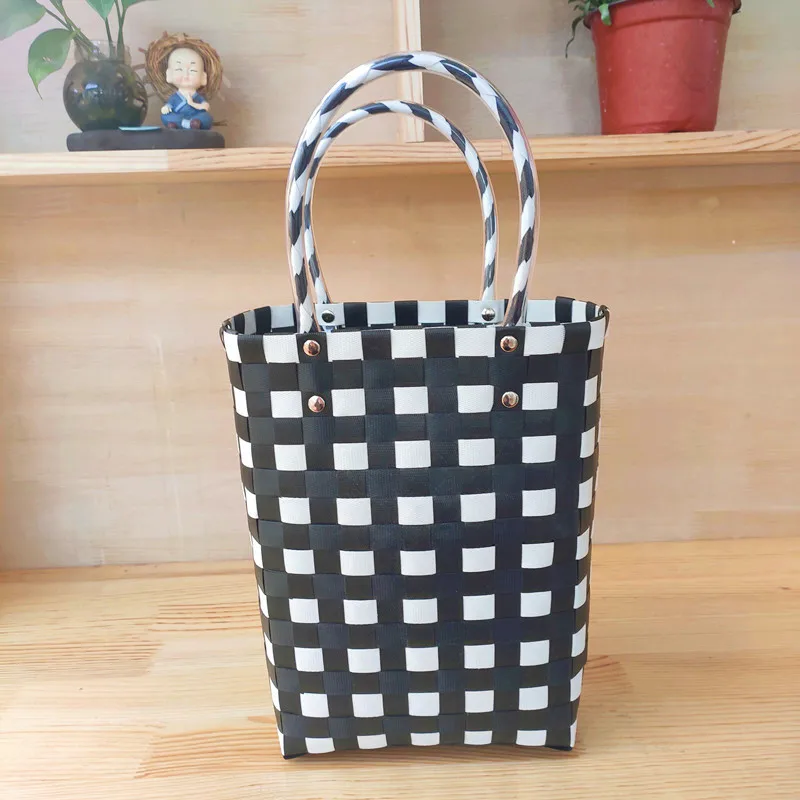 Handmade Women's Handbag Bohemia Storage Basket Plastic Woven Tote Bag Summer Vacation Female Beach Bag Designer Plaid Straw Bag