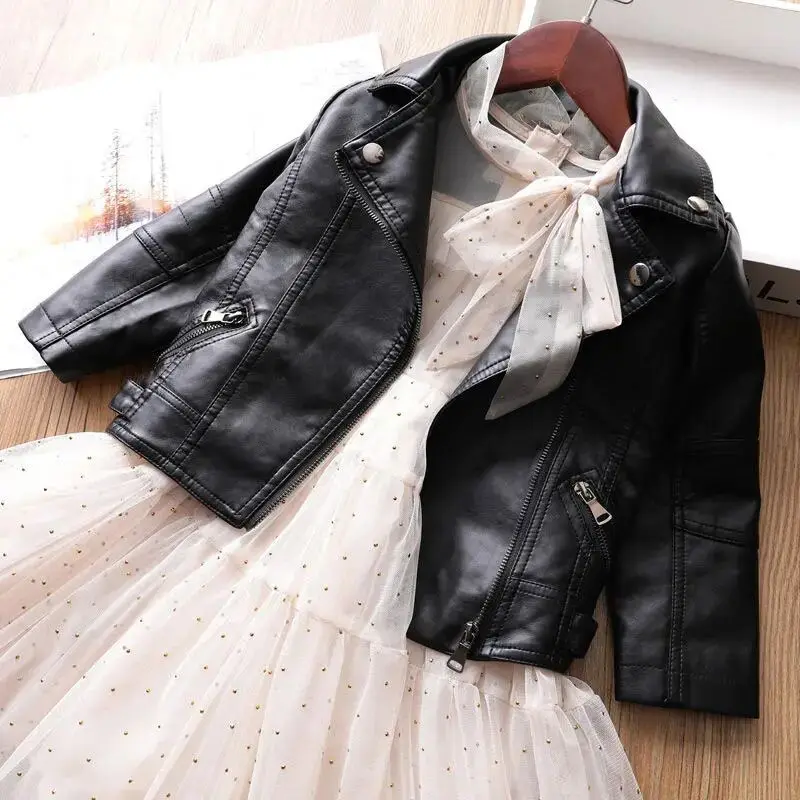 Spring Autumn Leather Jacket Cool Biker Style Kids Medium Large Children's Fashionable PU Coat New Arrival Baby Girl's