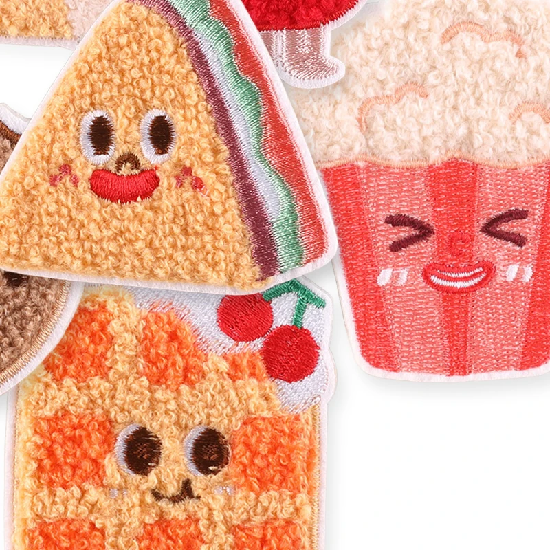 6 Stücke Chenille Lebensmittel Nette Selbstklebende Eisen Auf Patches Für Kleidung Kinder Gestickte Aufkleber Pack Stoffe Jacken Nähen Diy Lot – Detail 4