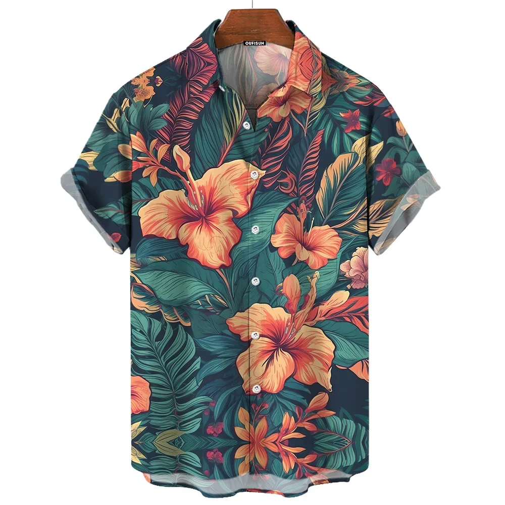 Men's Short Sleeve Flower Print Button Down Shirt Casual Short Sleeve Button Up Shirt Beach Shirt Hawaiian Style Shirt