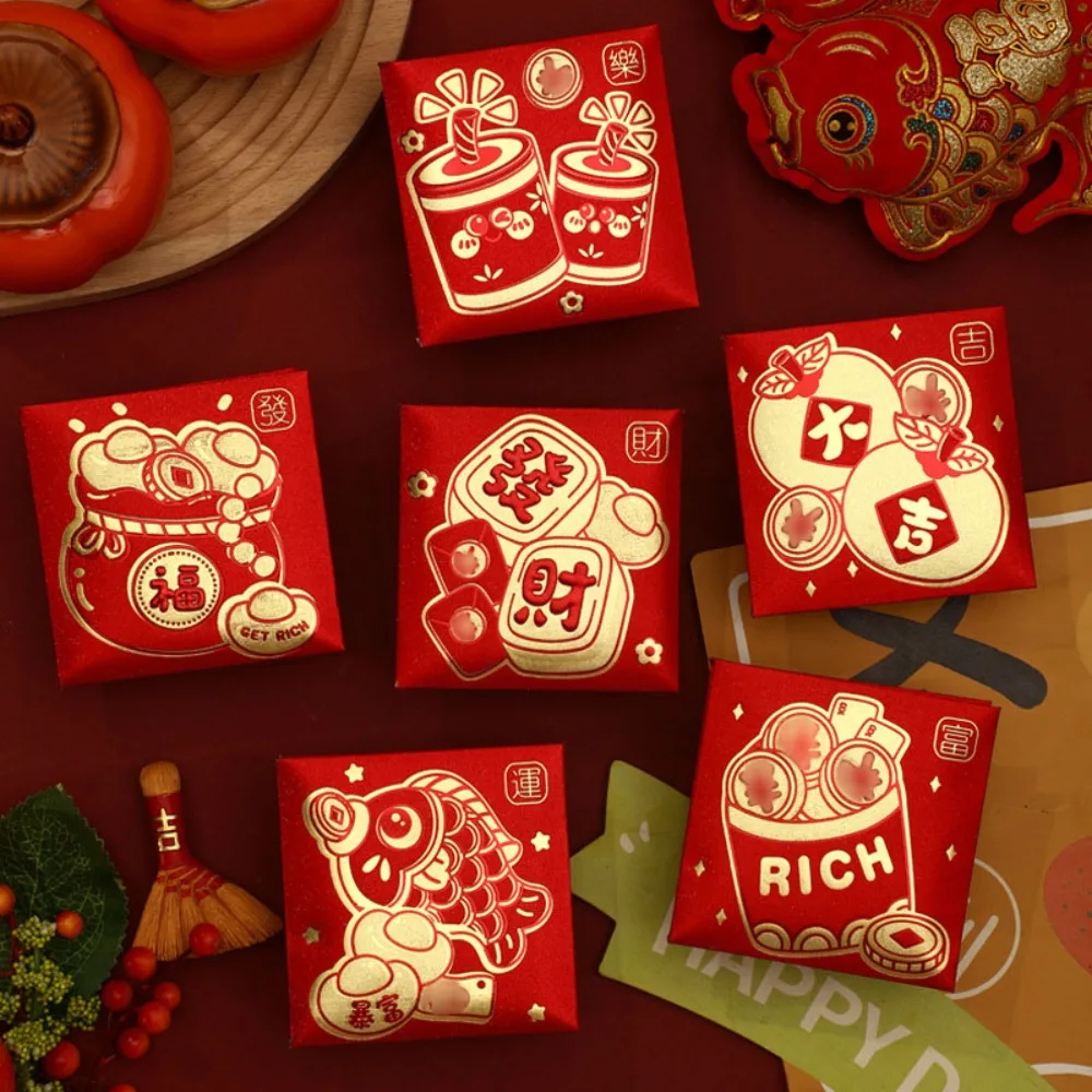 

6pcs Hot Stamping Chinese New Year Red Envelope Blessings Printing Mixed Pattern Lucky Money Bag Solid Thickened HongBao Kids
