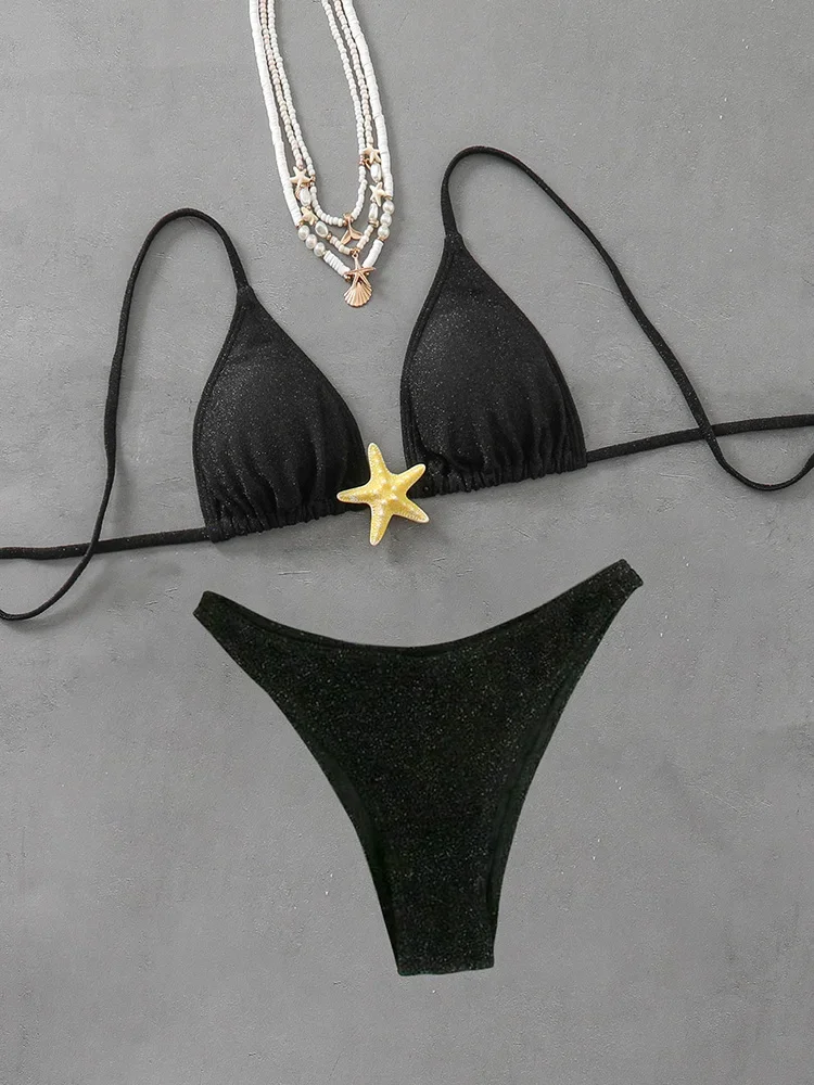 

2025 New Summer Swimwear Bikini Set Sexy Laced Up Starfish Decoration Bikini 2 Piece Set Women Solid Split Swimsuit Beach Bikini