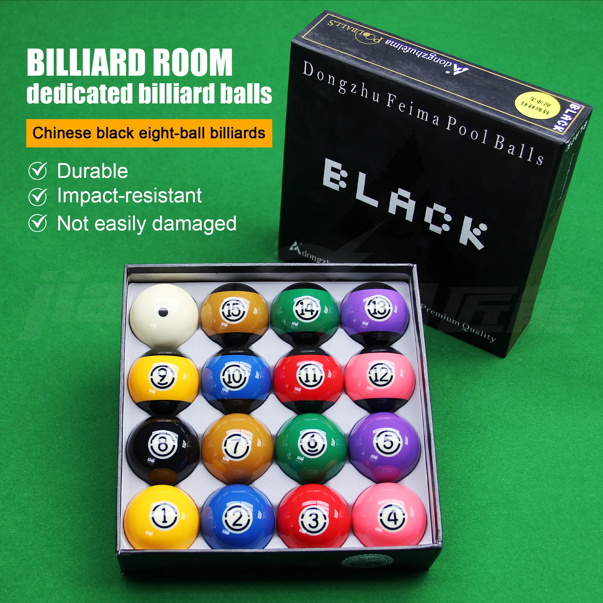 

Ударопрочные шары для пула Dongzhu Feima, черные, 8 шаров, стандартный турнирный размер, из фенольной смолы, водонепроницаемые, с чистым звуком