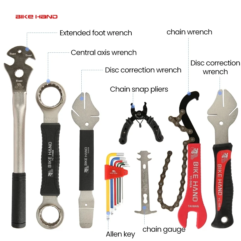 BIKE HAND Bicycle Repair Tools Kits Freewheel Chains Disc Correction Central Axis Pedal Wrench Chain Snap Plier Allen Key Tool