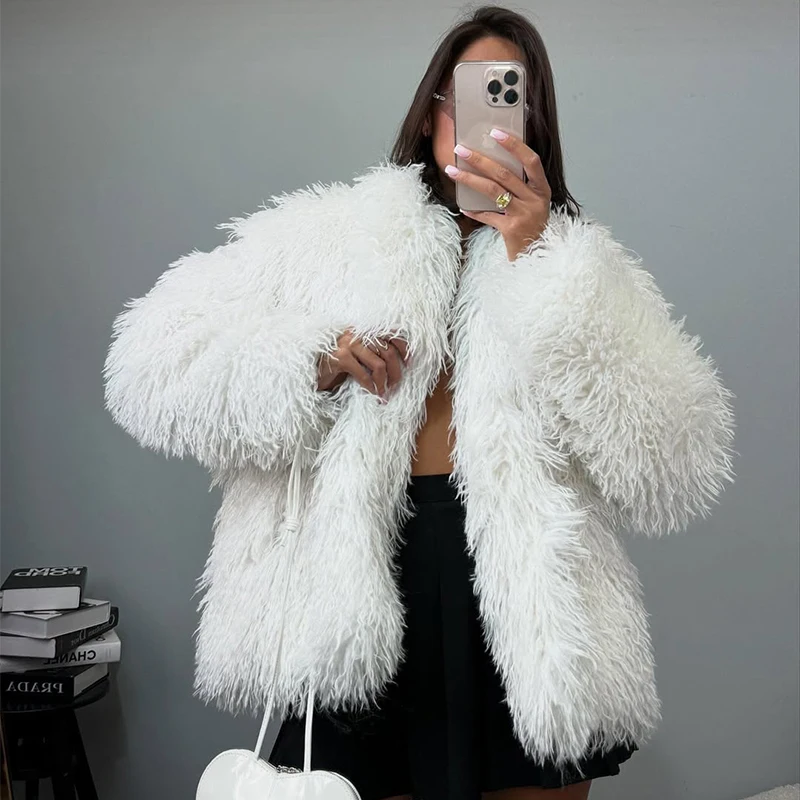 

Trendix Winter Warm Faux Fur For Women Solid V Neck Long Sleeve Sweater Cardigan Vacation Casual Office Commuting Loose Fur Coat