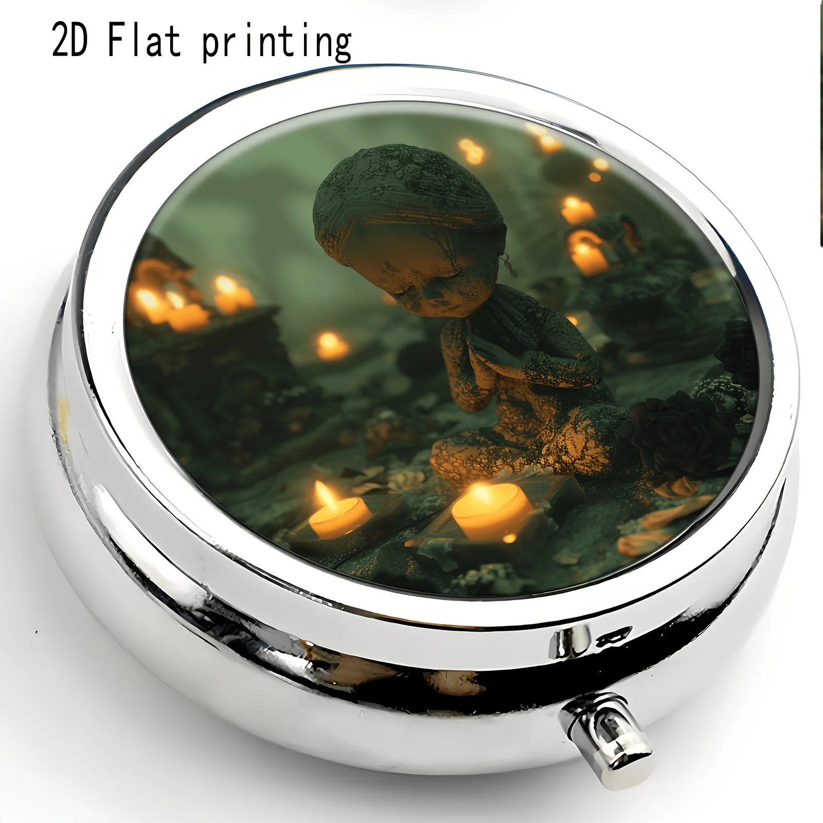 1Pc Round Pill Box with Candlelight Glow, Vintage Voodoo Doll, Dark Candlelight Setting, Spooky and Serene Dark Doll Atmosphere, Flat Printing Pill Box, Mini Metal Jewelry Box, Three-Compartment Portable Dispenser Box, Mini Portable, Suitable for Daily Use as a Souvenir, Exquisite Gift, Metal Material, Durable Plastic