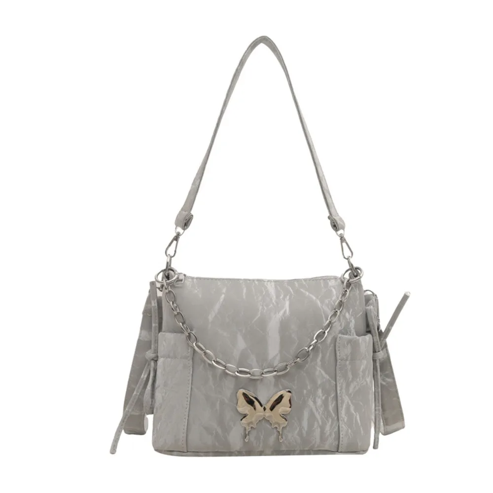 

Butterfly Decor Silver Butterfly Handbags Pearls Chain Metal Chain Drawstring Shoulder Bag Large Capacity Solid Color