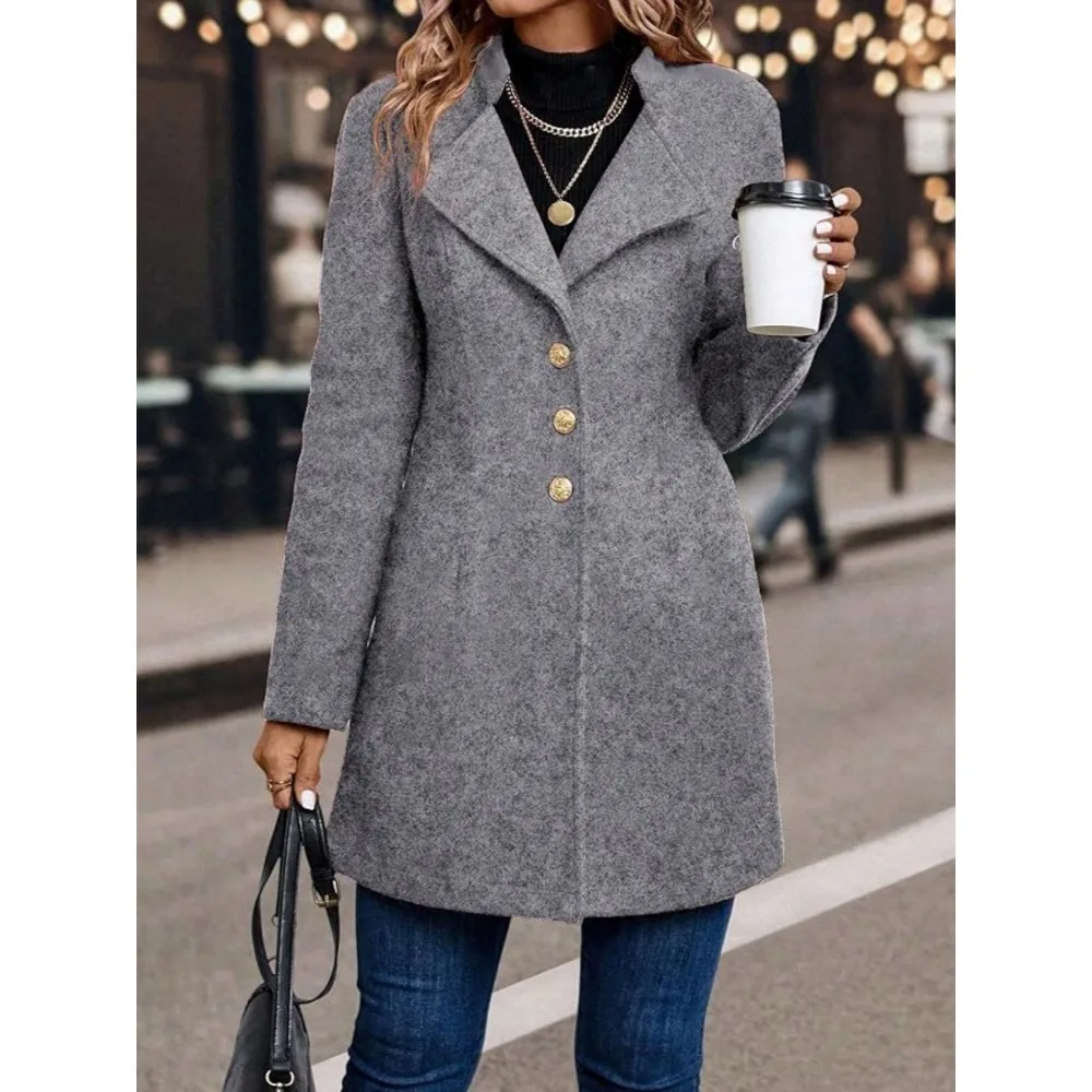 معاطف الشتاء النسائية؛ قمم الشتاء النسائية ذات اللون الصلب؛ سترات متوسطة الطول وأنيقة ومريحة بأكمام طويلة للنساء #6