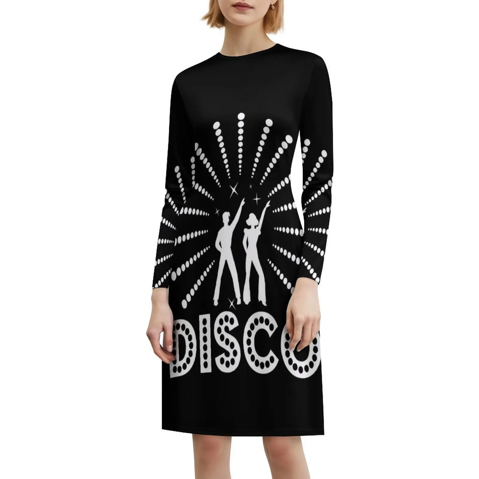 الأبيض والأسود 70S ديسكو حفلة ديسكو ديسكو موضة نمط Preppy فستان قصير للنساء ألف خط فضفاض صالح فستان يوم غير رسمي Disko #6