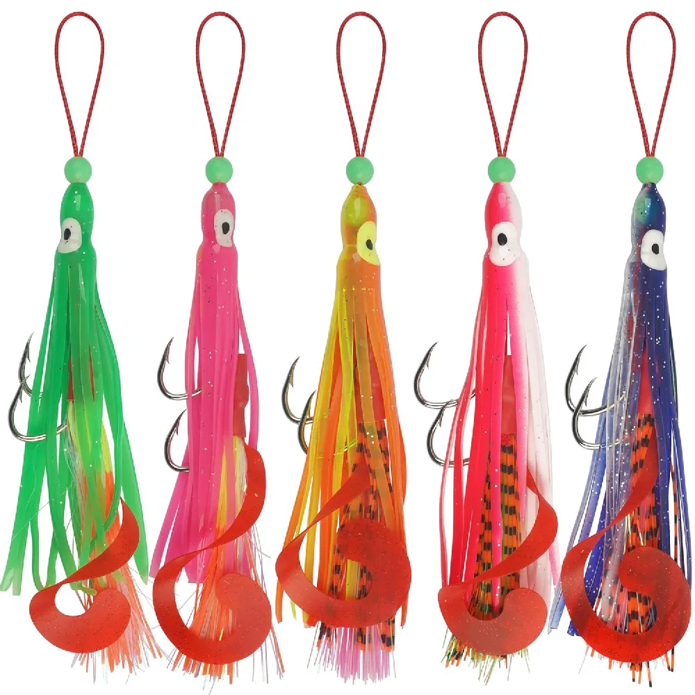 5 Stück Tintenfisch-Rig-Angelköder mit doppelten Hilfshaken, Oktopus-Röcke, Köder, Tiefsee-Jigging-Köder für Snapper, Thunfisch, gestreifter Bass
