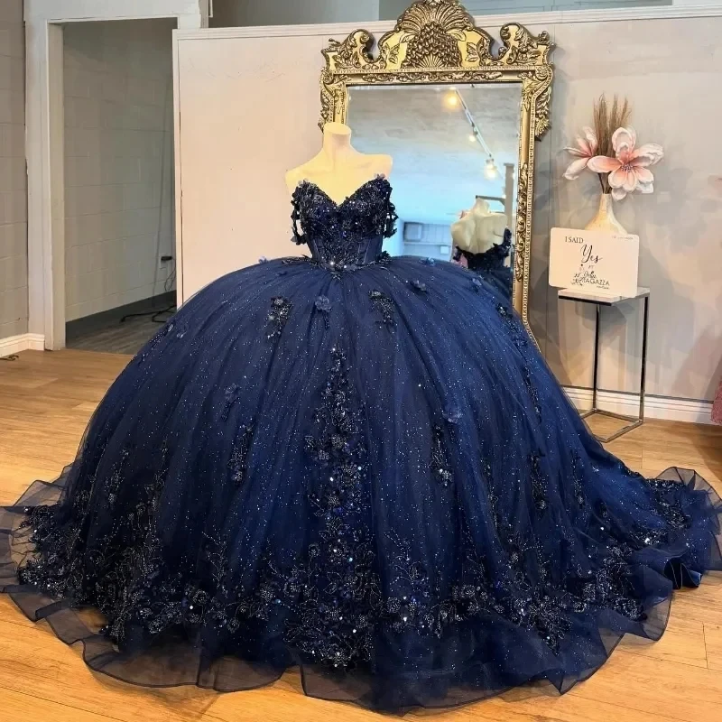 

Блестящие темно-синие платья Quinceanera Мексиканская аппликация Кружева из бисера Тюль с открытыми плечами Vestidos De 15 Anos Princess Sweet 16 Birthd