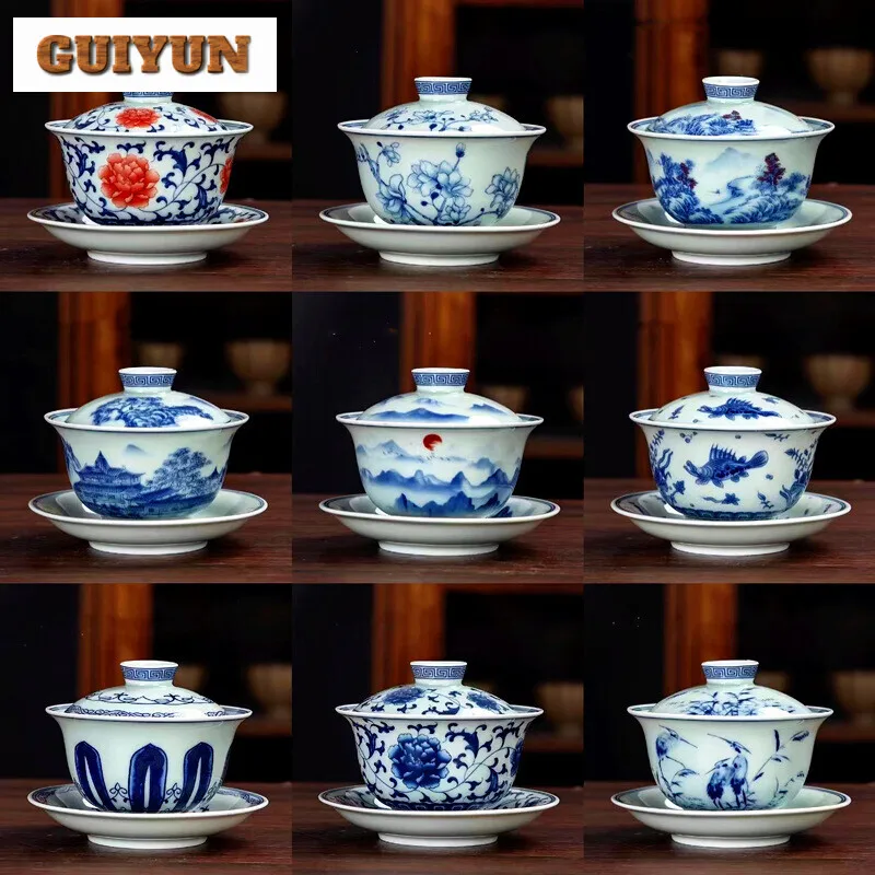 

200ml Blue and White Porcelain Single Tea Making Bowl, Sancai Gaiwan Ceramic Glazed Red Lid Bowl Household Kung Fu Teaset Gifts