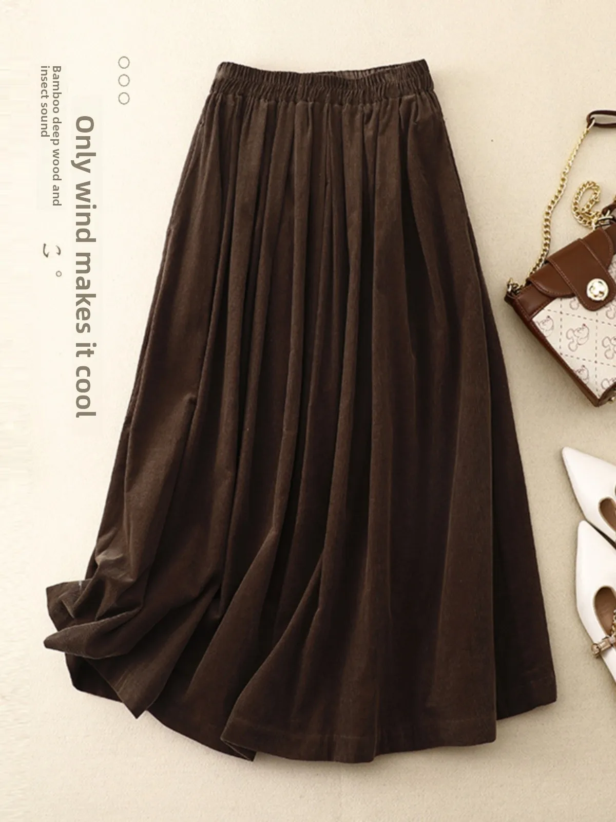 

Винтажная вельветовая юбка с эластичной резинкой на талии, тонкая драпированная текстура, трапециевидной формы, средней длины, женская мода, весна-осень