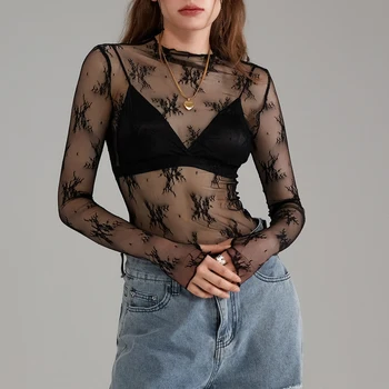 Haut court en dentelle transparent pour femmes, haut court à manches longues, Floral, transparent, ajusté, Y2k, chemise haute, chemisier