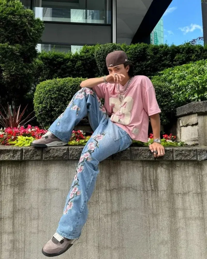 Y2K jeans Men Harajuku cherry blossom print pattern Denim Pants Hip Hop vintage men women goth Casual wide leg pants streetwear