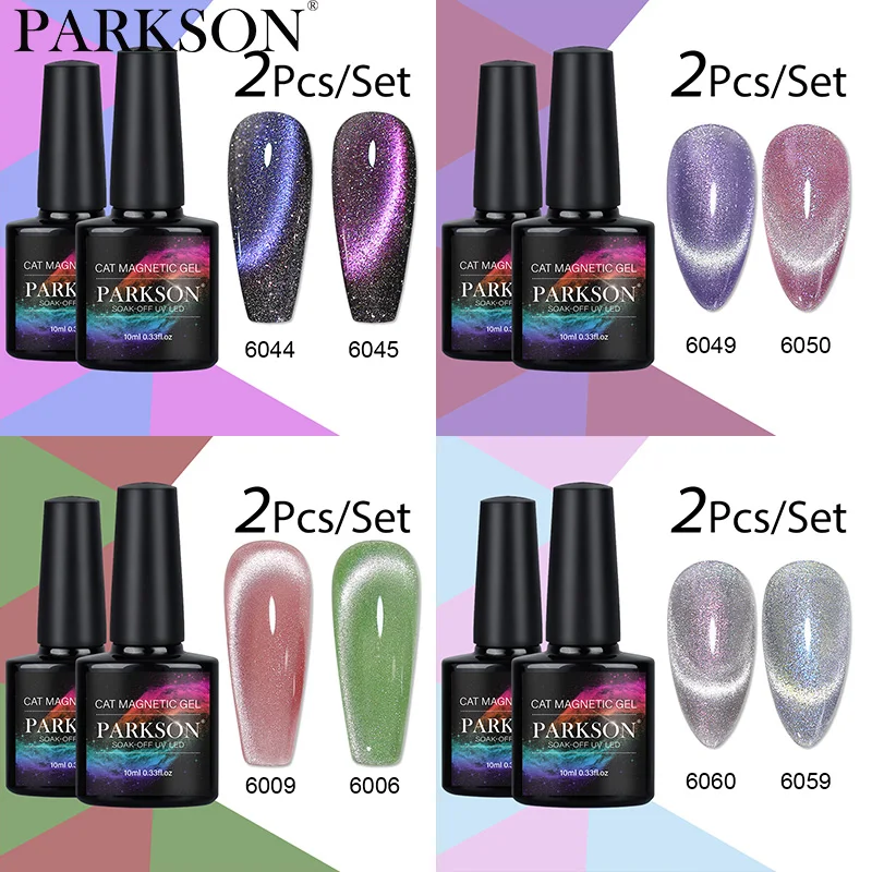 Parkson 10ml 2pcs Esmalte de Uñas en Gel Efecto Ojo de Gato Aurora Cristal Plateado, Cielo Estrellado Morado Azul Magnético y Verde Brillante, Removible