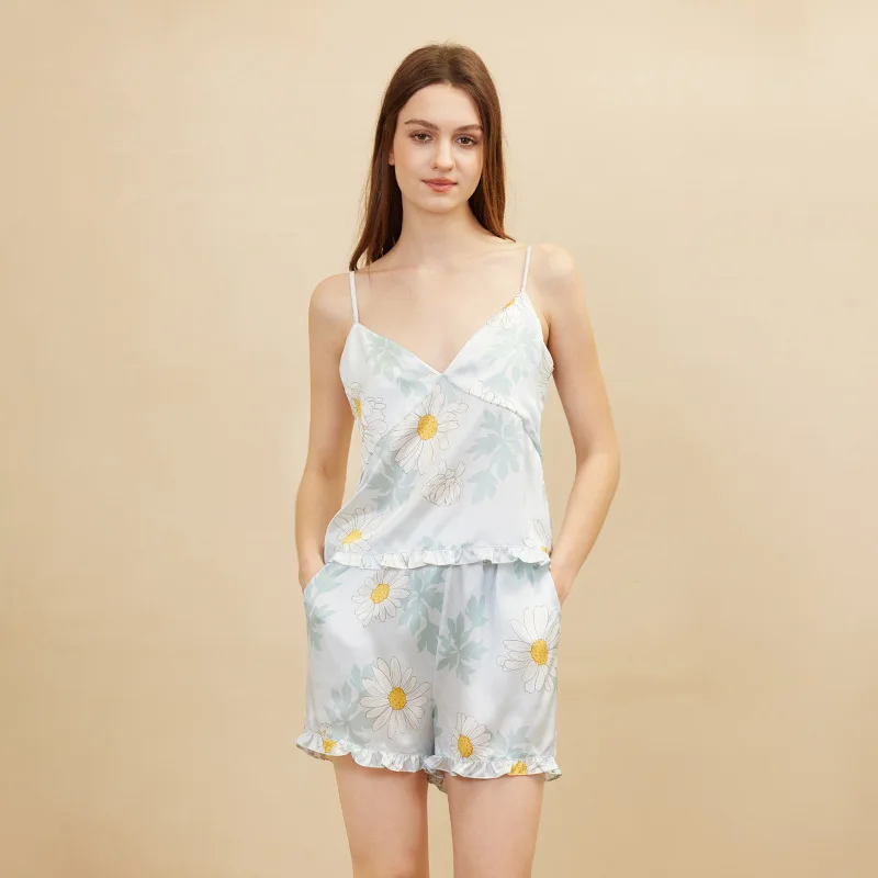 100% Mulberry Silk Pajamas Set Daisy Print Cami Shorts Sleepwear Cute Casual Loungewear