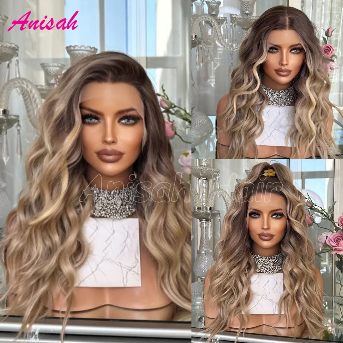 

Remy Hair Lace Closure Бесклеевой парик Человеческие волосы Пепельно-русый Ombre Highlight Кружевные фронтальные парики для женщин Предварительно выщипанные отбеленные узлы