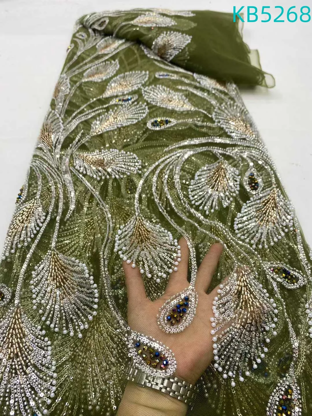 Tela de Encaje Africana YALISI Verde Oliva, 5 Yardas, Tela de Encaje con Cuentas y Lentejuelas, Tela de Tul para Vestido de Novia, KB5226