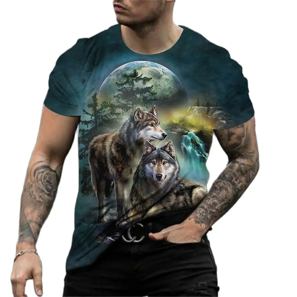 Vintage T Shirt Mens 3D Animal Print Short Sleeve Tops Casual Street Wolf Graphics T-shirt Oversized Tee Shirt Men Clothing