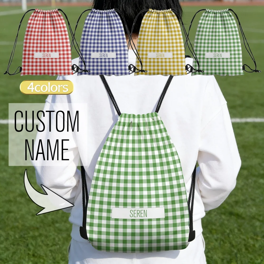 1Pc Personalized Custom Name/Text Grid Drawstring Backpack, Lightweight Sports Bag, Gym Storage Bag, Outdoor Travel Rucksack