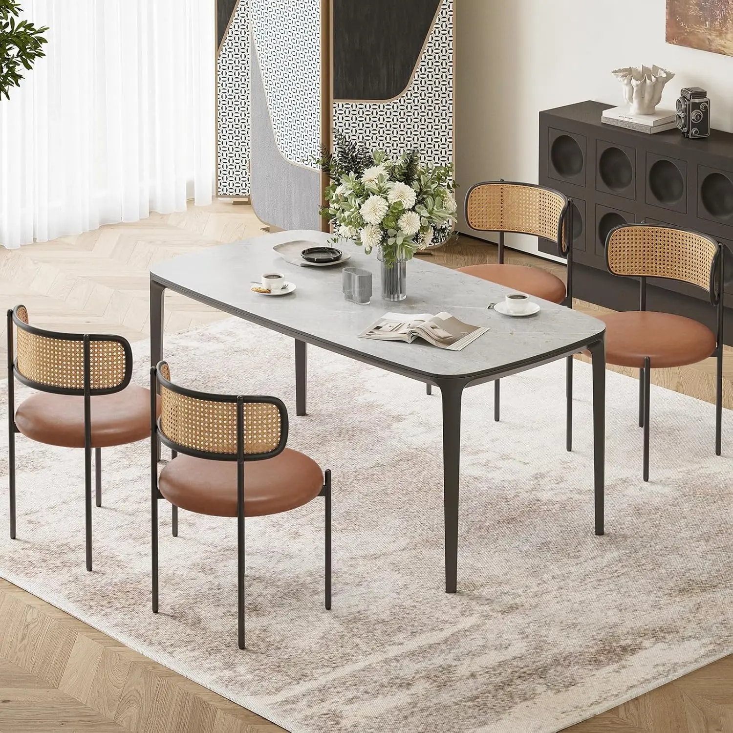 

Farini PU Leather Dining Chairs, Upholstered Seat with Woven Rattan Back, Sturdy Metal Legs Modern Side Chairs for Kitchen Living Room