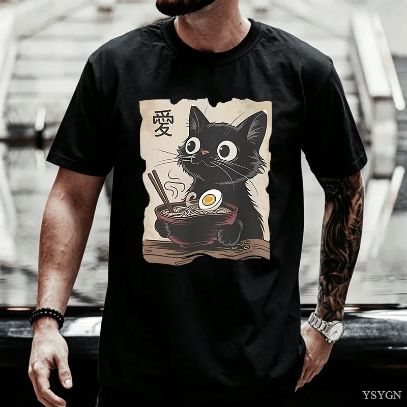 Summer Casual Short Sleeve Tshirt Vintage Poster Black Cat Ramen Kanji Pattern Unisex Cute Kitty Noodle Lover Loose Street Top