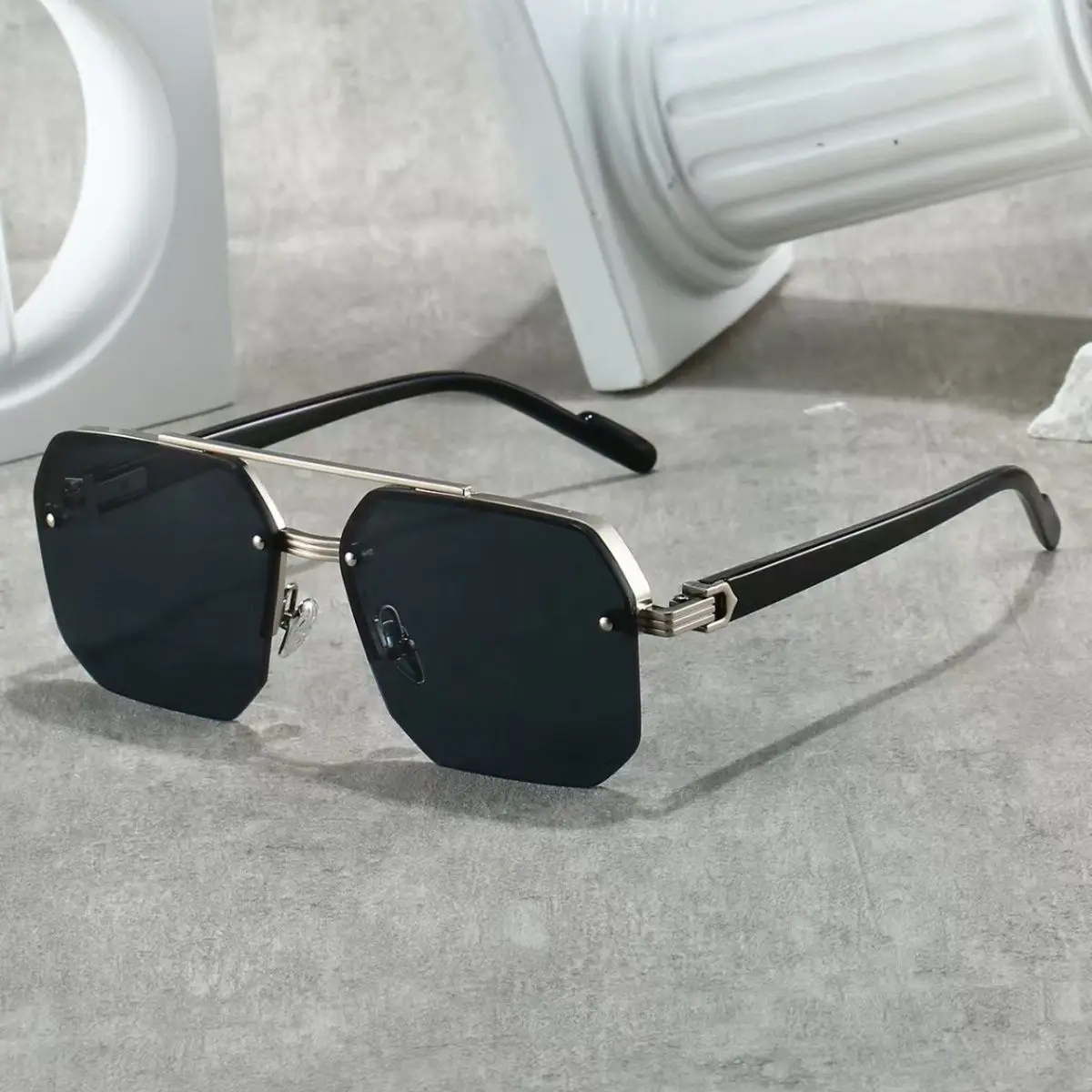 Hot-selling Double-barrel Square Half-frame Sunglasses - Stylish And Simple Ideal For Pilots, Fashionable Sunglasses 2408 image 3