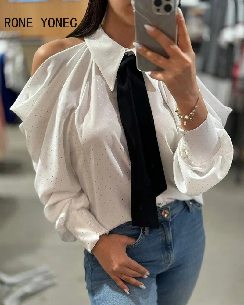 

Женская рубашка с завязкой на шее, ажурные рукава-фонарики, свободная рубашка в стиле пэчворк, женская блузка, топы