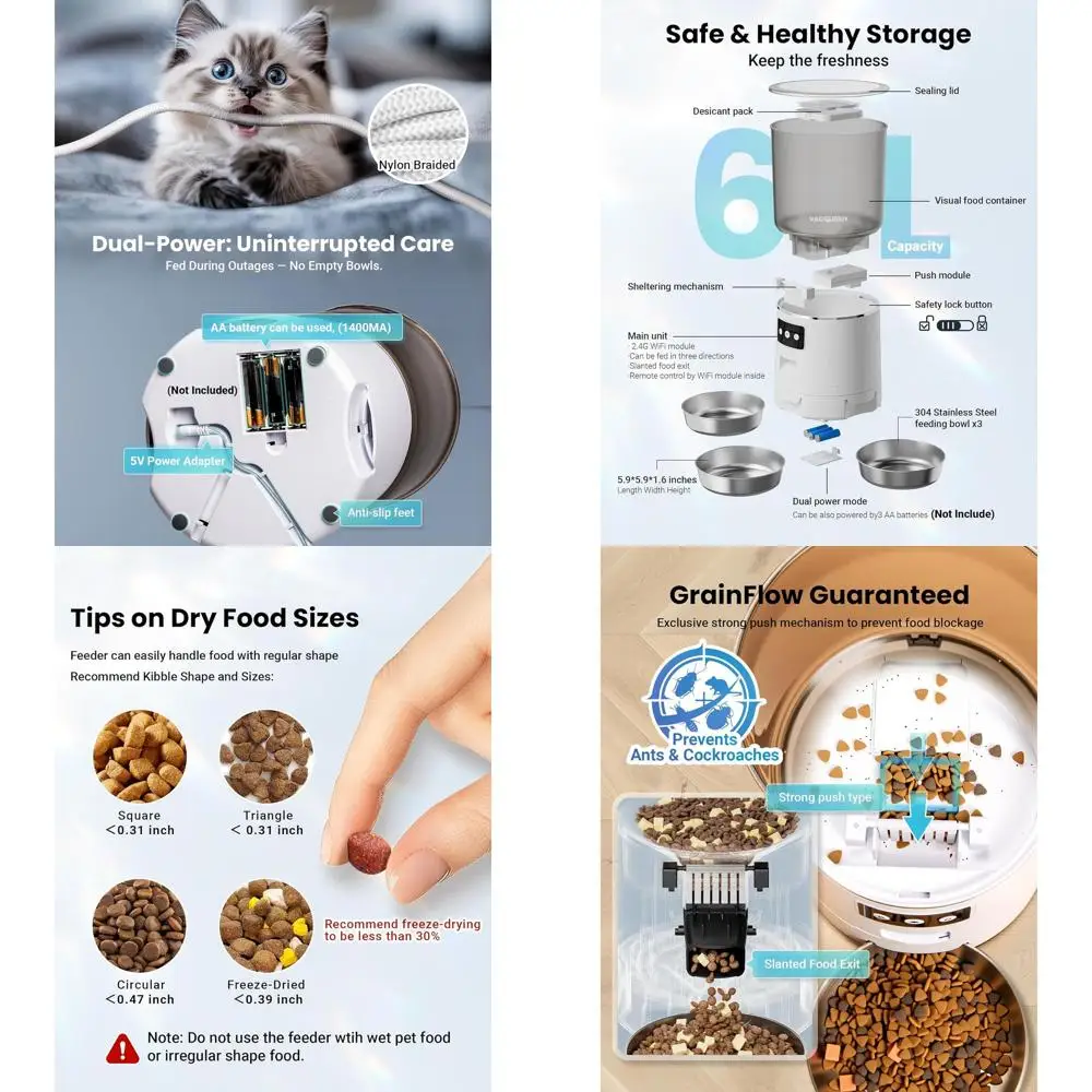 

6L Smart Pet Feeder for 3 Cats, Anti-Jam, Voice Recording, Suitable for Cats & Small Dogs (White)