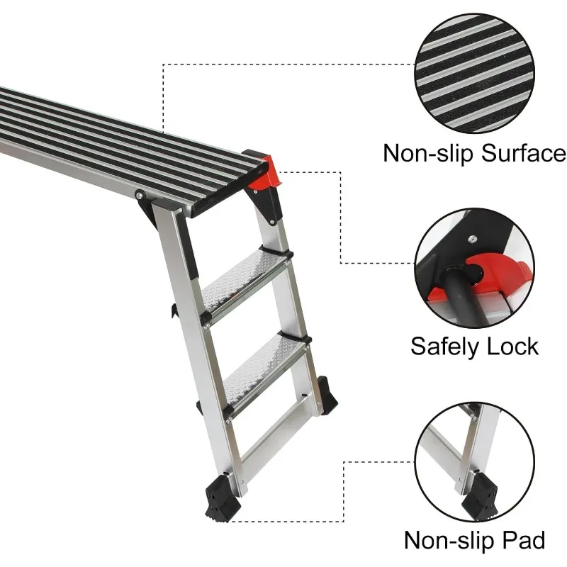 Plate-forme de travail en aluminium, échelle à 2 marches, pliable, portable, banc avec polymères coordonnants, capacité de 660 lb, rapDuty, 50 po x 12 po