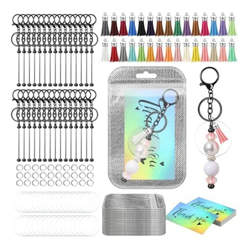 

Set Of 30 Acrylic Key Chain Blank Making Supplies Beaded Keychain Blank Tasselresealable Bag Holographic Thank You Card DIY