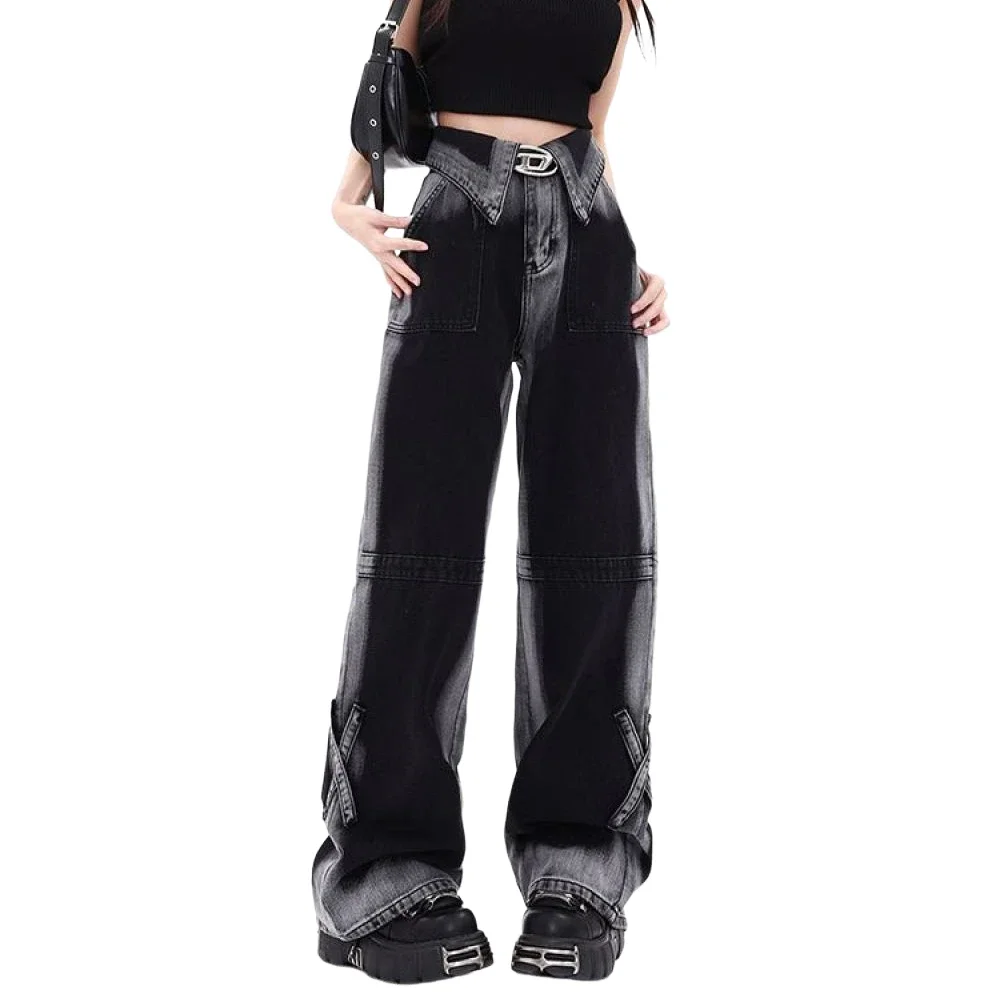 Street Dopamine Wear Straight Wide Leg Vibe Style VintageBlack Jeans Women Autumn Winter Lapel Design High Pants Y2k