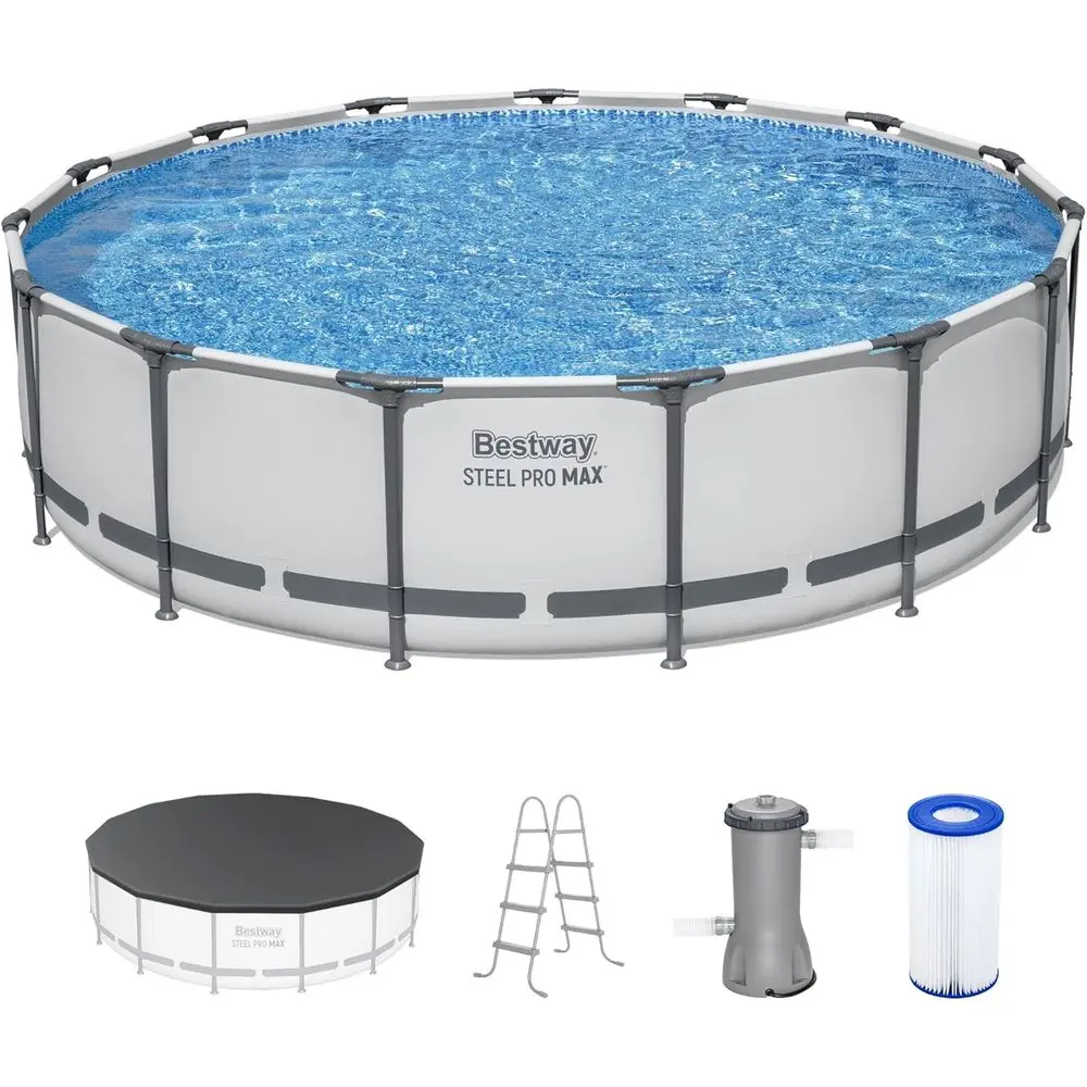 

Наземный круглый бассейн 15' x 42' с фильтрующим насосом, лестницей и покрытием, серый