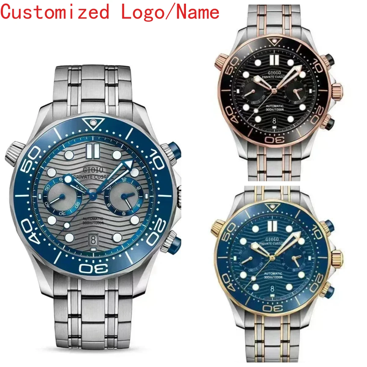 ساعة كرونوغراف كوارتز للرجال مقاس 44 ملم، مطاط مضيء، أسود أزرق، سيراميك، ذهبي وردي، ستانلس ستيل مخصص #1