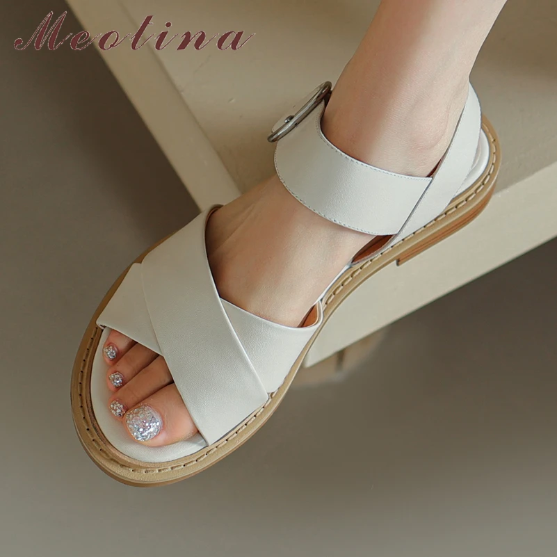 Meotina Women Genuine Leather Sandals Round Toe Square Mid Heel Sandals Ladies Buckle Fashion Sandals Summer Shoes Beige 40