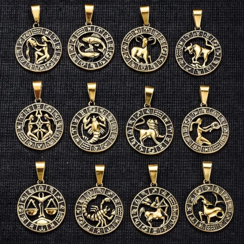 

Round Design 12 Zodiac Sign Constellations Horoscope Stainless Steel Pendant Necklace for Men Chains