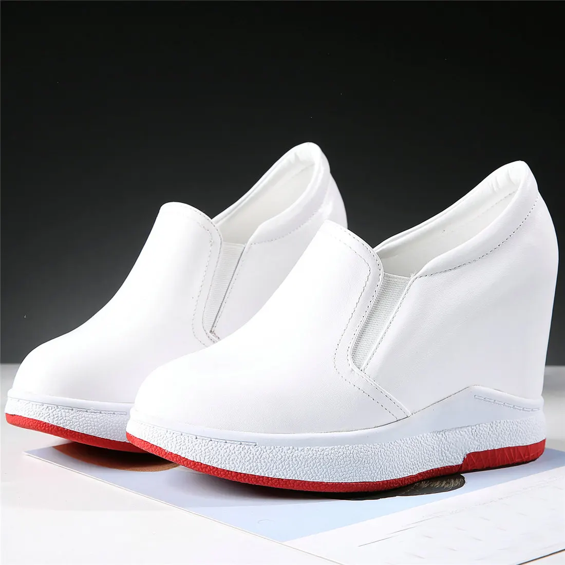 Vulcanized Shoes Plus Size Boots Women Genuine Leather Wedges High Heel Platform Pumps Female Round Toe Sneakers Big Size Shoes