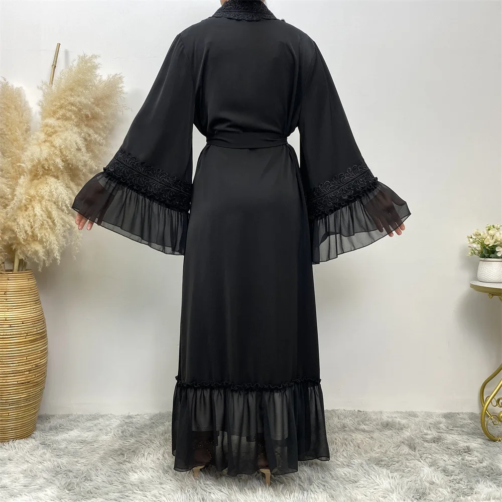 Moda Koronkowe szwy Muzułmańska abaja Dubaj Pełna długość Rozkloszowany rękaw Koronkowa abaja Dubaj Turcja Muzułmańska islamska szata z paskiem