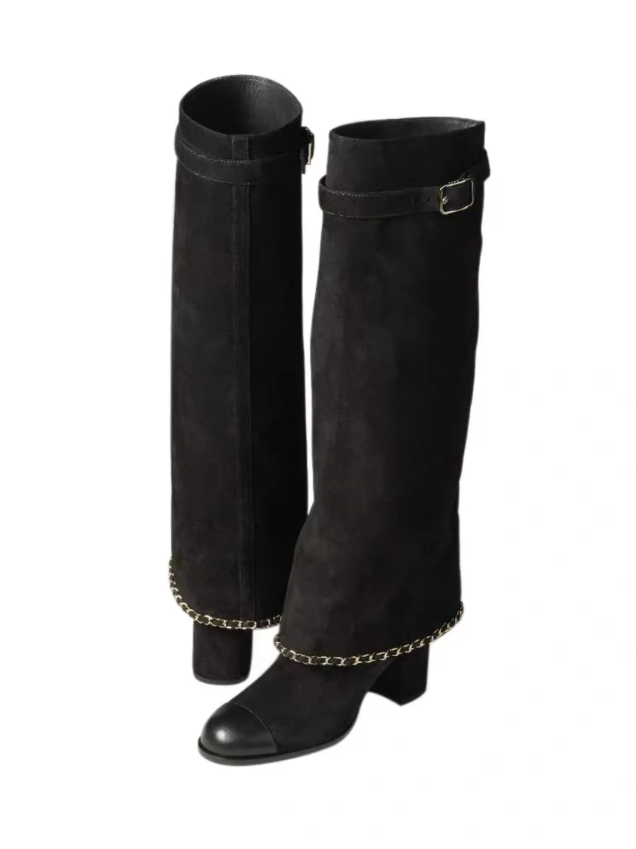 Round toe thick heels, super high heels, chain, large pants, long boots, fashion show women's boots