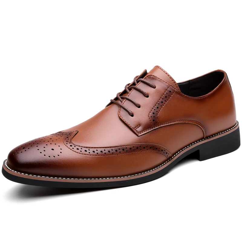 Men Derby Shoes PU Low Heel Solid Color Lace Brogue Carving Professional Classic Business Men Shoes Size 38-48
