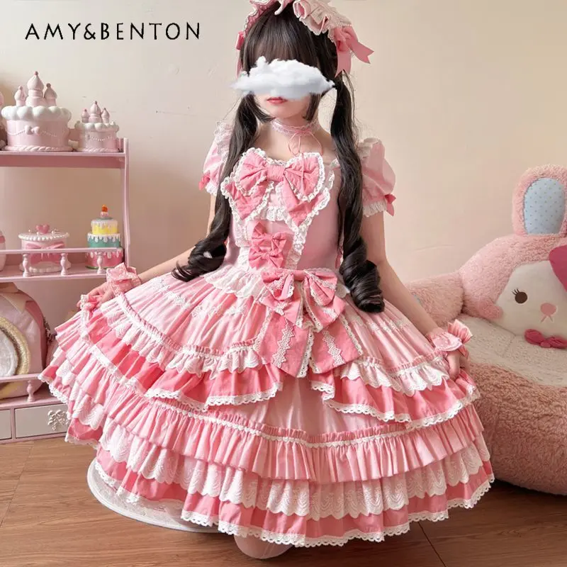 

Original Lolita Cute OP Short-sleeved Dress for Women Summer New Sweet Girl Bubble Sleeve Bow SlimTutu Dress Evening Dresses