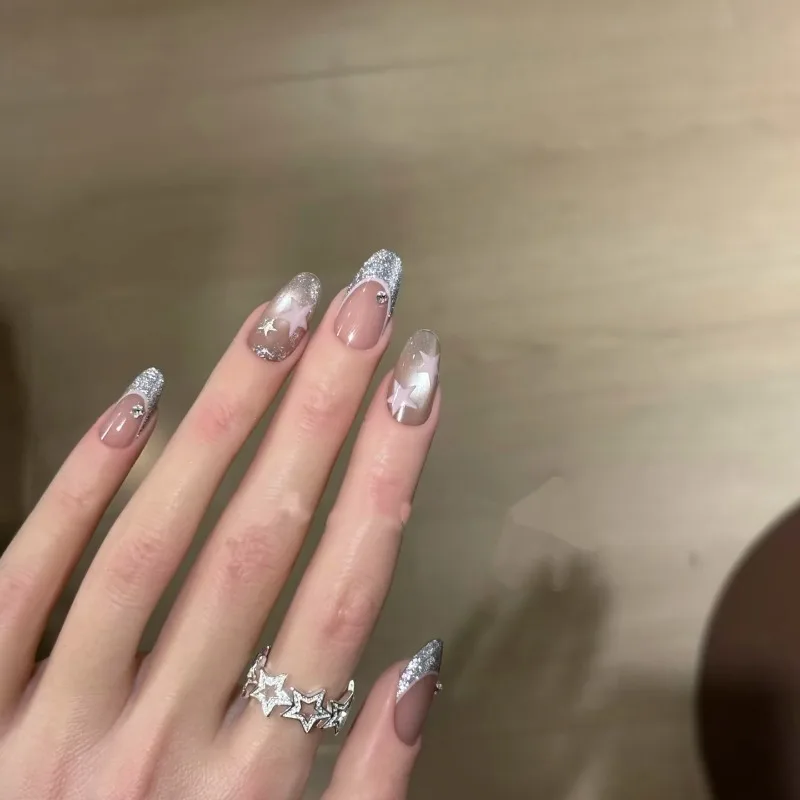

10PCS Handmade Press on Nails Shiny Blue Cat Eye French Fake Nails for Sweet Girls Simple Star Cute Ins Short Oval False Nails