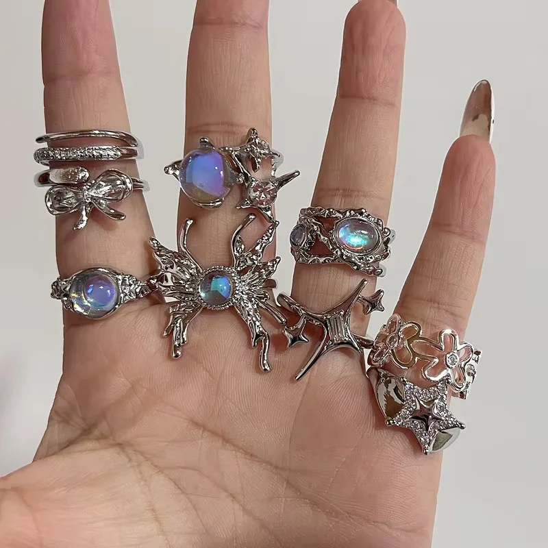 Y2K Silver Faux Moonstone Ring Set – Gothic Open-Style Rings Featuring Butterflies, Stars, and Bows; Adjustable Stackable Jewelr