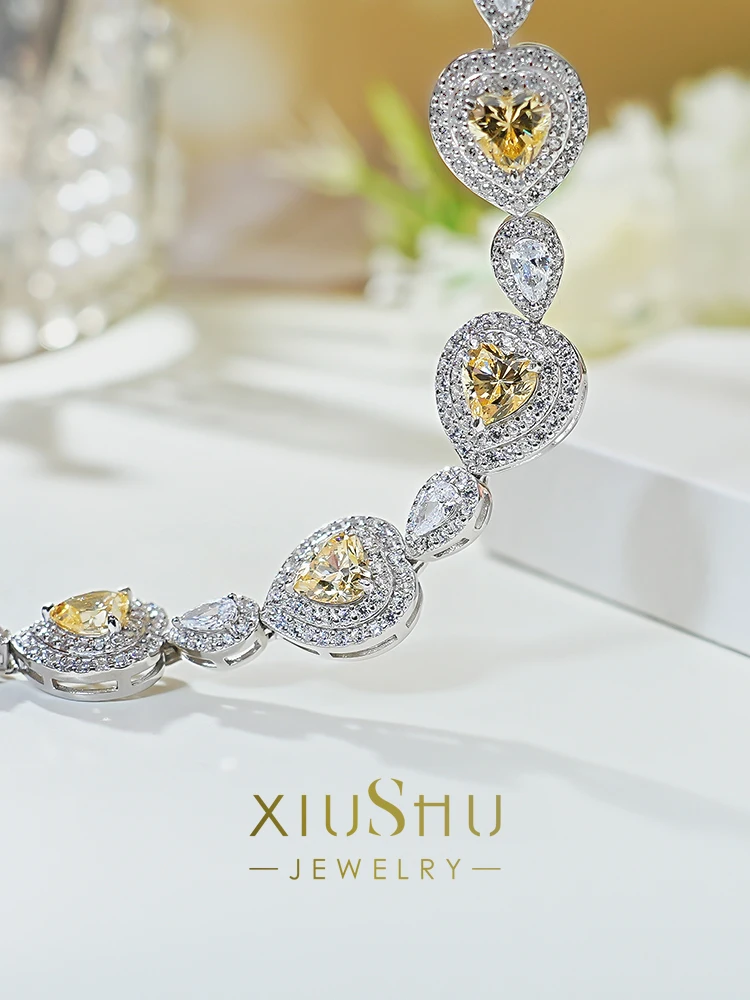 Fashionable and Luxury Artificial Yellow Diamond Heart Inlaid High Carbon Diamond 925 Silver Bracelet Versatile Wedding Jewelry