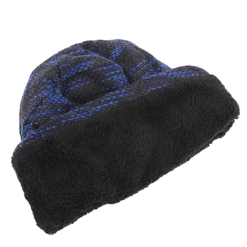 Winter Beanie Men\'s Knitted Hat with Polyester Fur Inside Warm Outdoor Baggy Style Skullies