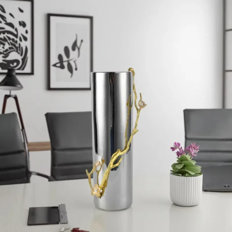 Simple and stylish cylindrical silver ceramic desktop flower storage vase beautiful room office alloy support home decoration