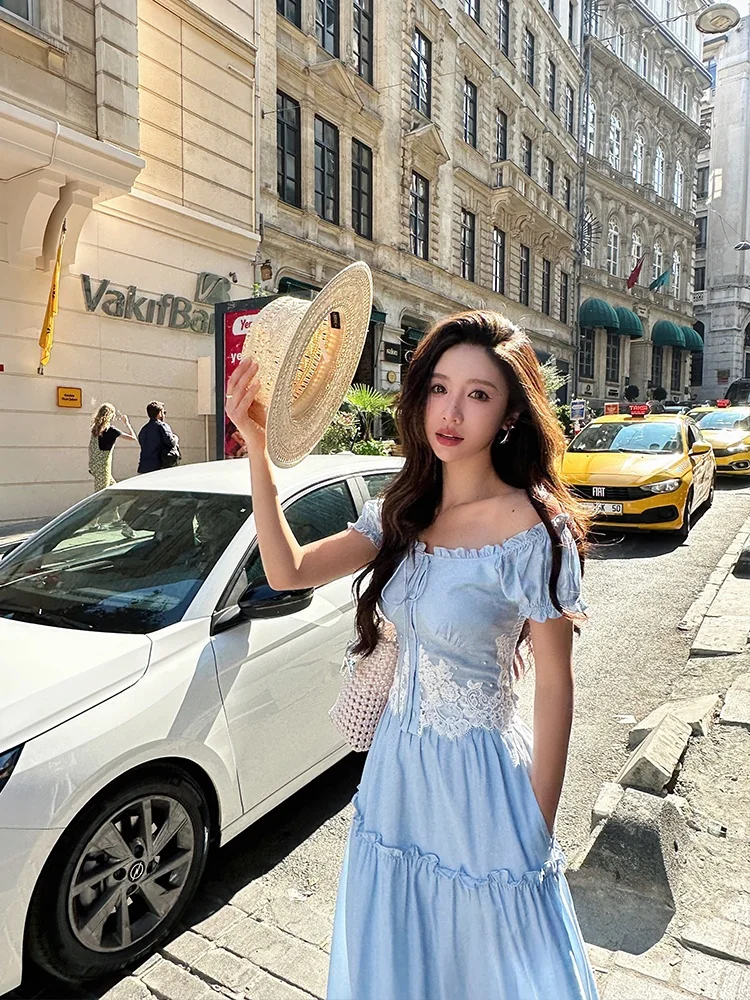 

Женский модный комплект ZQ Sub Qing: полуюбка, топ из кружева с жемчугом и эффектом пузырьков, светло-голубой, из шелкового материала, новый, элегантный, премиум-класса