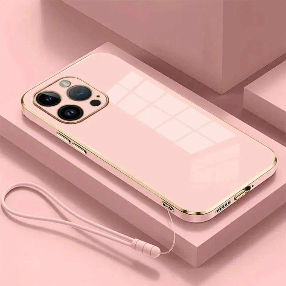 Plated Soft Phone Case For iPhone 17 Air 16 E 15 14 13 12 11 Pro Max Plus Mini Shockproof Silicone Lens Protect Wristband Cover